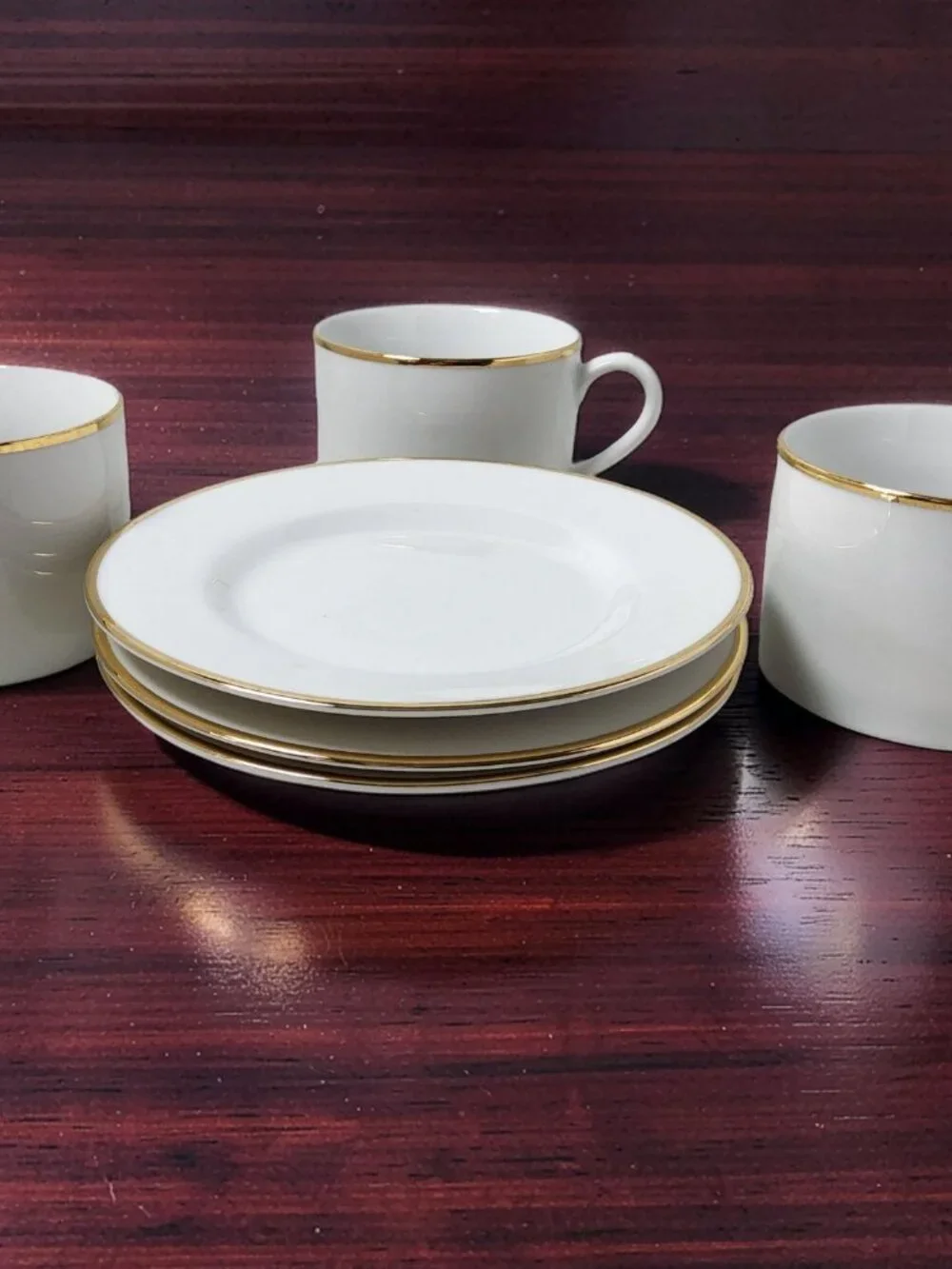 Vintage Set of 3 Pier 1 Gold Trim 8oz Porcelain Coffee Cups and Saucers
